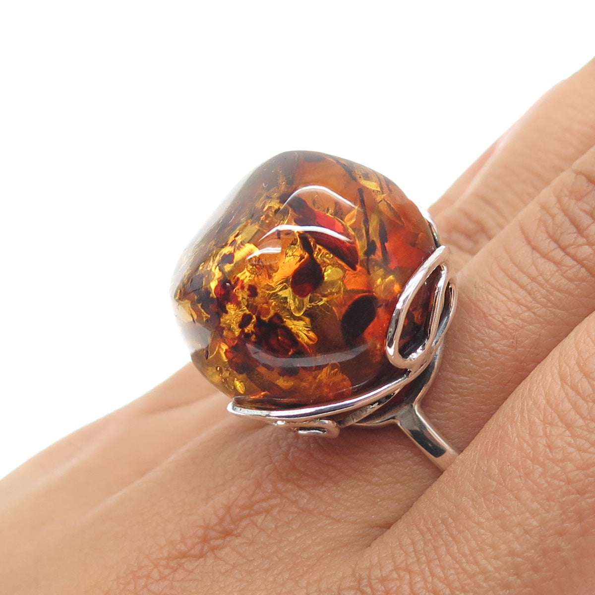925 Sterling Silver Vintage Real Amber Modernist Ring Size 8.25