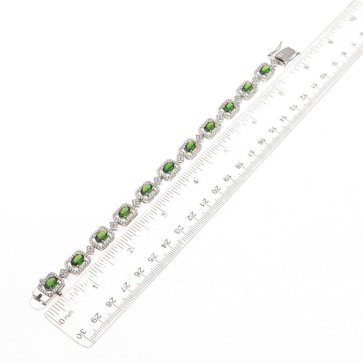 925 Sterling Silver Real Chrome Diopside & White Topaz Bracelet 7.5"