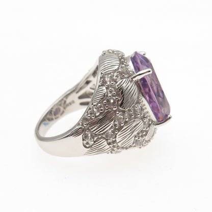 DSMK 925 Sterling Silver Real Amethyst & White Topaz Statement Ring Size 7