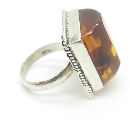 925 Sterling Silver Vintage Real Amber Modernist Statement Ring Size 6.75