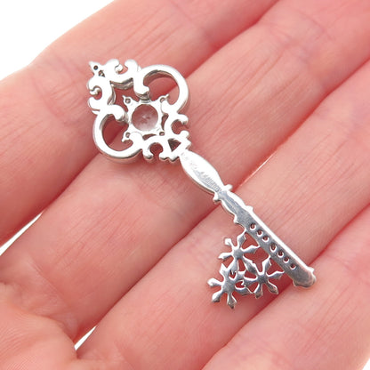 DISNEY 925 Sterling Silver Real Round-Cut Diamond & Aquamarine Key Slide Pendant