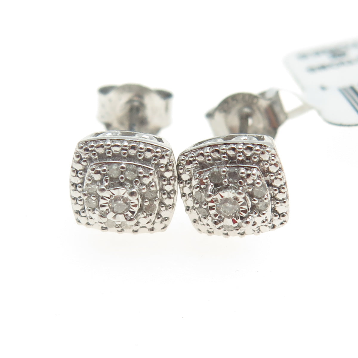 MACYS 925 Sterling Silver Real 1/10CTTW AA7 SS Bridge Diamond Cush Stud Earrings