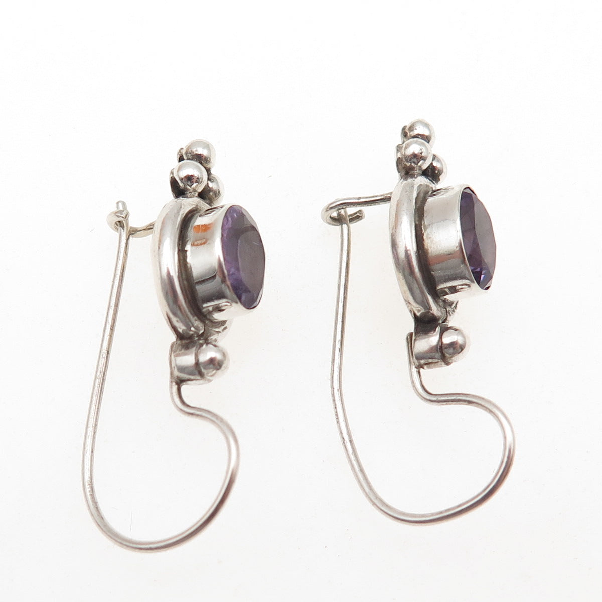 925 Sterling Silver Vintage Real Oval-Cut Amethyst Beaded Earrings