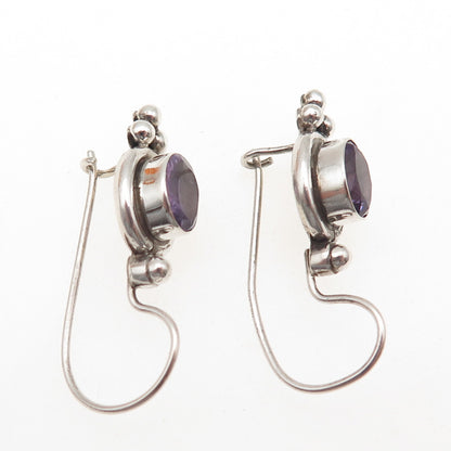 925 Sterling Silver Vintage Real Oval-Cut Amethyst Beaded Earrings