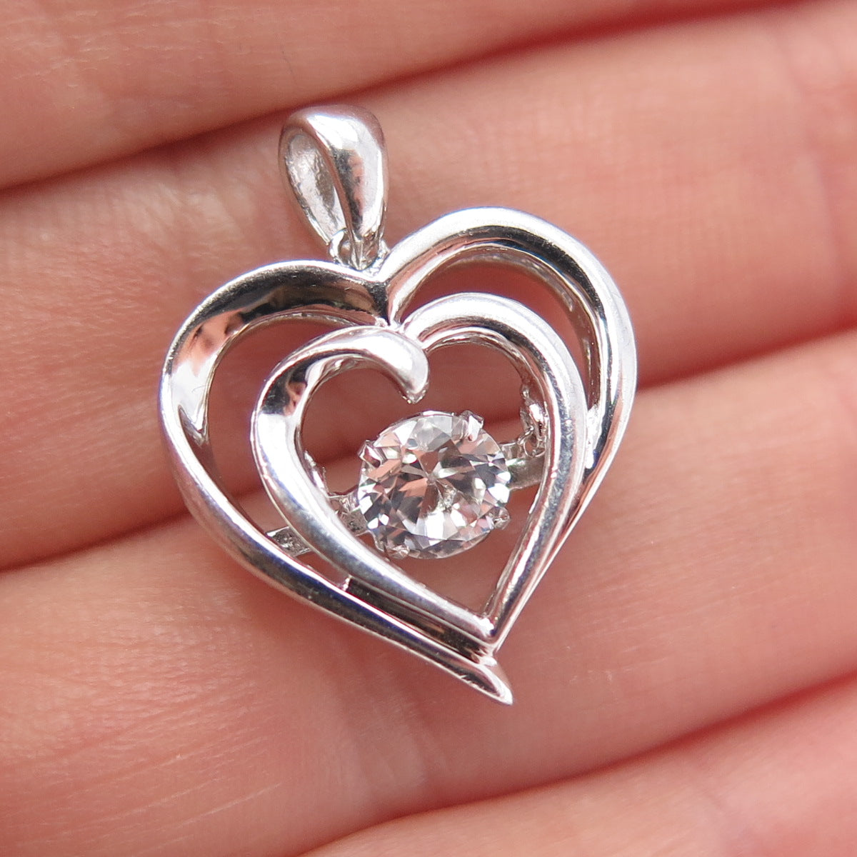 925 Sterling Silver Real Round-Cut White Topaz Heart Charm Pendant