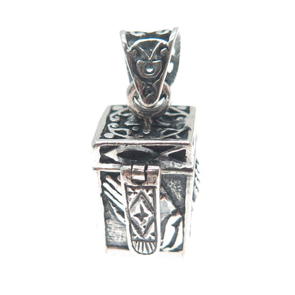 925 Sterling Silver Vintage Praying Hands Religious Box Oxidized Charm Pendant