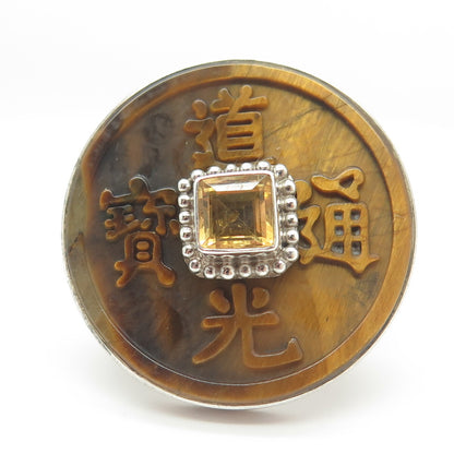 SAJEN 925 Sterling Silver Vintage Tiger Eye Citrine Chinese Coin Ring Size 8.25