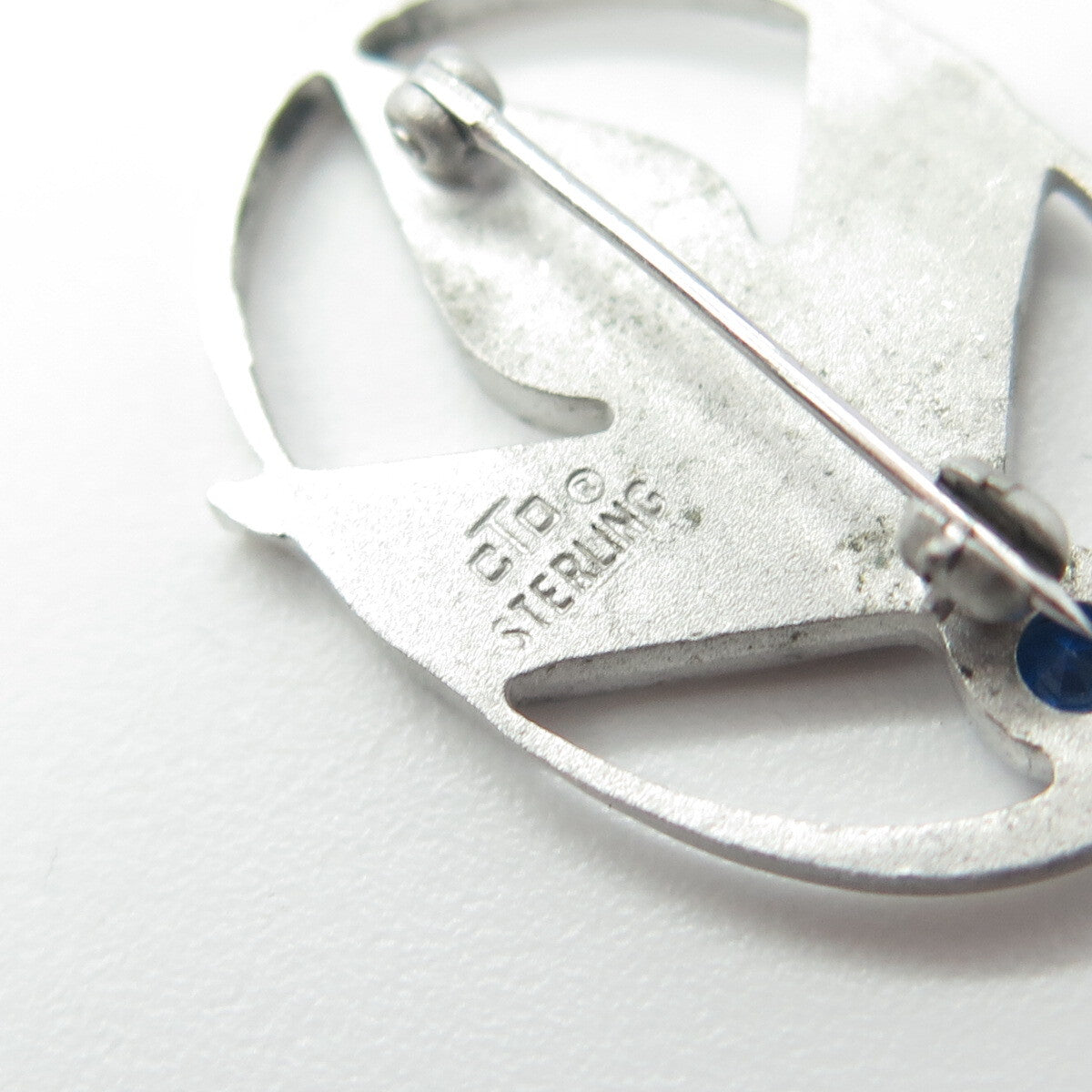 925 Sterling Silver CTO Vintage Blue C Z Floral Oval Pin Brooch