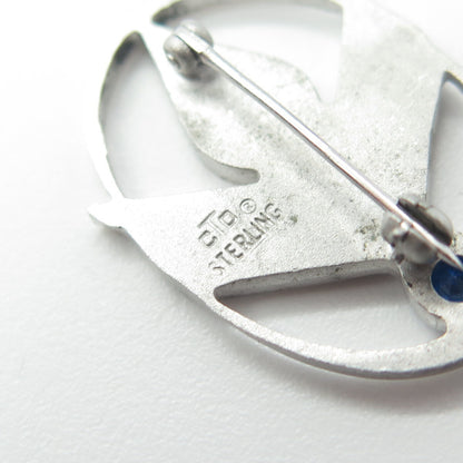 925 Sterling Silver CTO Vintage Blue C Z Floral Oval Pin Brooch