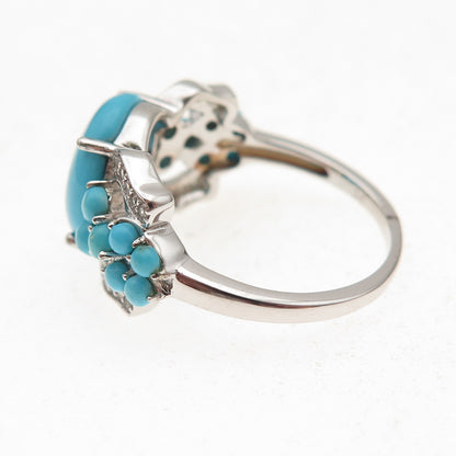 925 Sterling Silver Real Sleeping Beauty Turquoise & White Topaz Ring Size 8