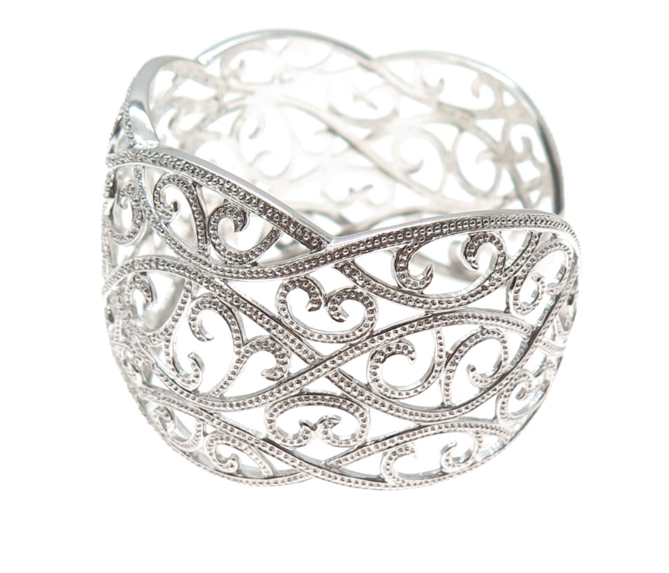 925 Sterling Silver Real Round-Cut Diamond Swirl Adjustable Cuff Bracelet 7"