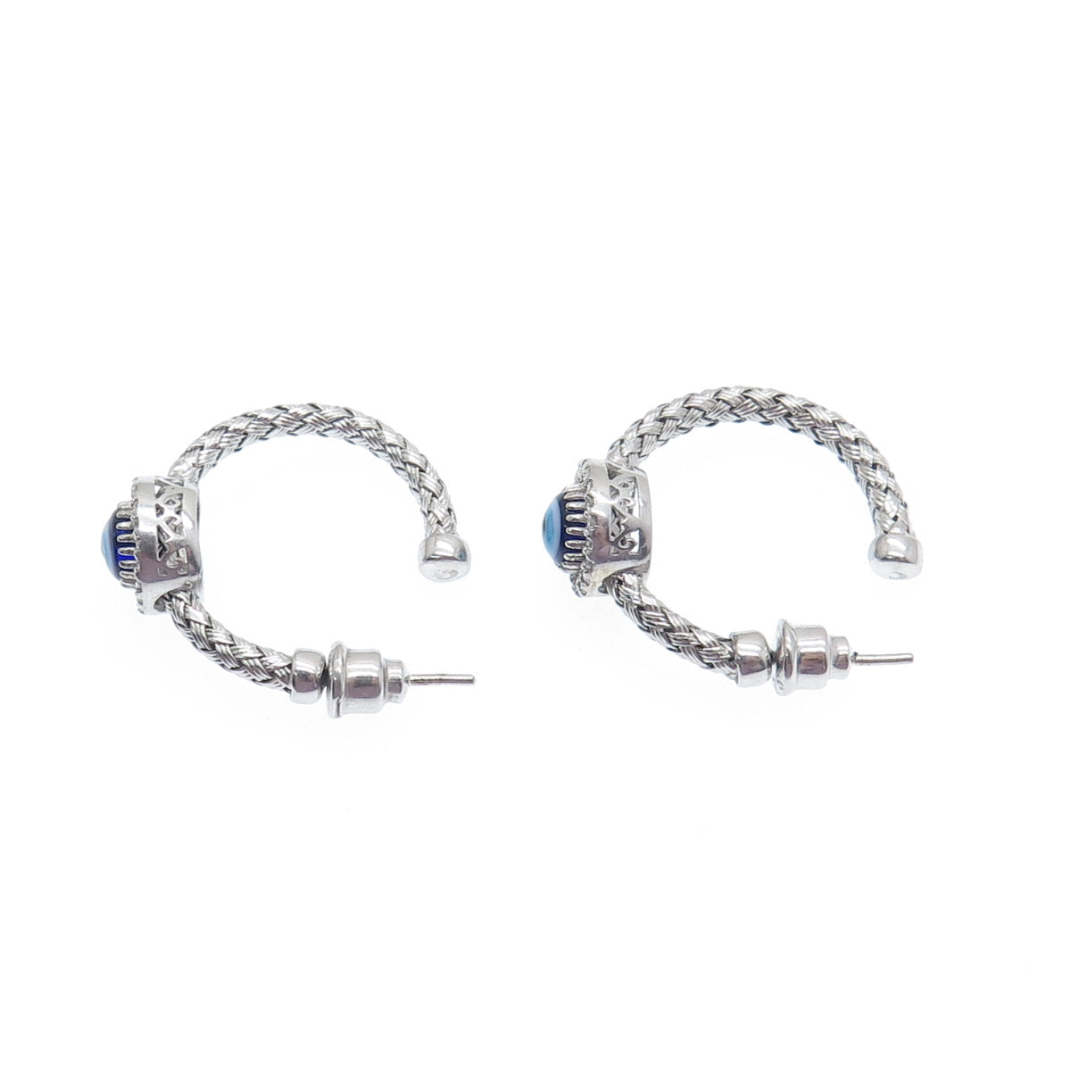 925 Sterling Silver Real Diamond & Enamel Evil Eye Wicker Half Hoop Earrings