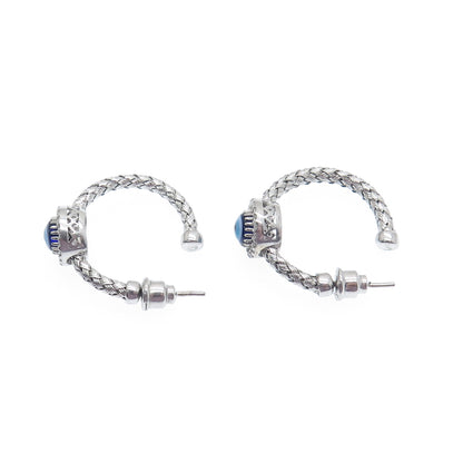 925 Sterling Silver Real Diamond & Enamel Evil Eye Wicker Half Hoop Earrings