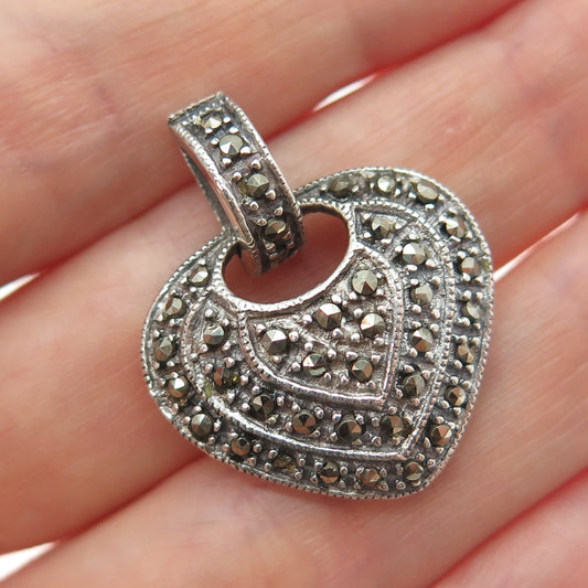 925 Sterling Silver Vintage Real Marcasite Heart Oxidized Charm Pendant