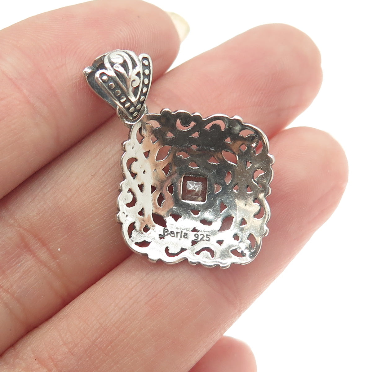 BERIA 925 Sterling Silver Princess-Cut Smoky Quartz Ornate Square Pendant