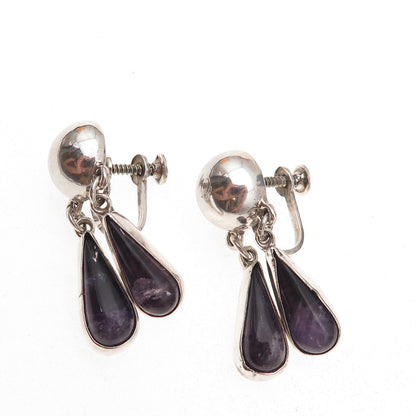 925 Sterling Silver Vintage Mexico Real Amethyst Modernist Screw Back Earrings