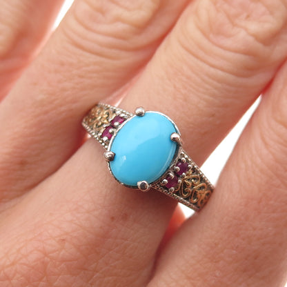 Chuck Clemency 925 Sterling Silver 2-Tone Real Turquoise & Ruby Ring Size 8.25