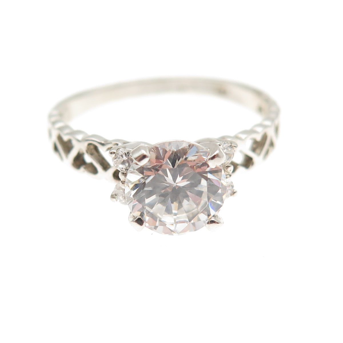 925 Sterling Silver Vintage Round-Cut C Z Heart Engagement Ring Size 7
