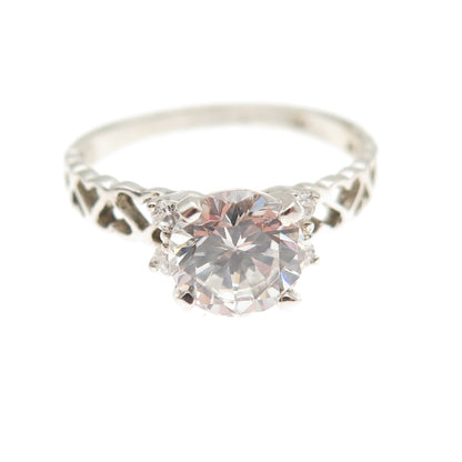925 Sterling Silver Vintage Round-Cut C Z Heart Engagement Ring Size 7