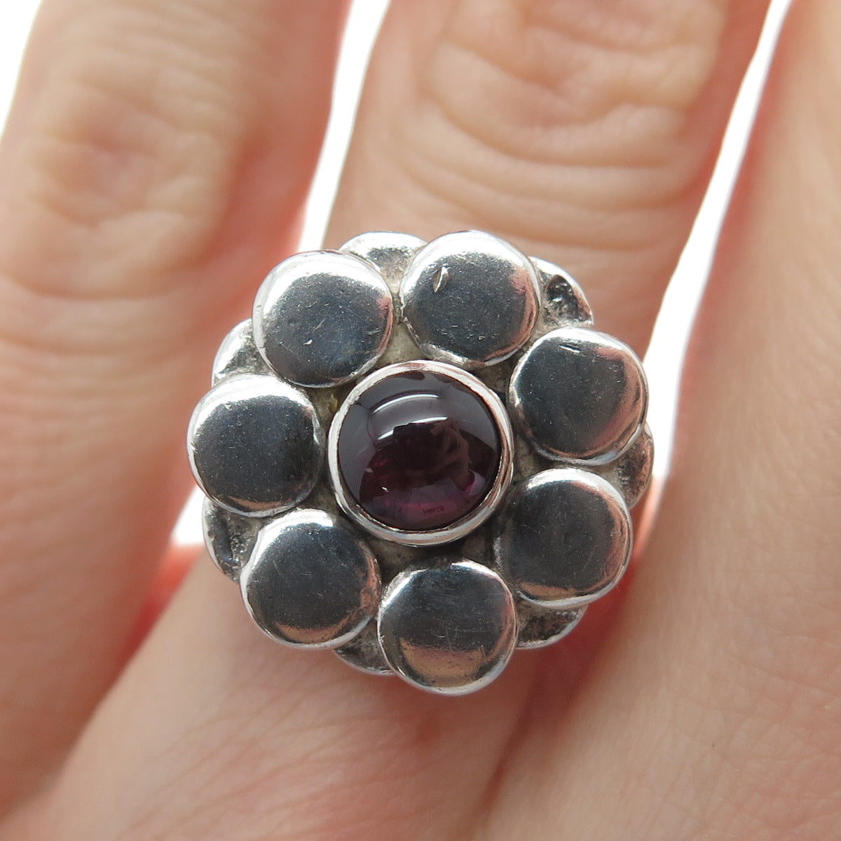 925 Sterling Silver Vintage Real Tourmaline Gem Flower Modernist Ring Size 6