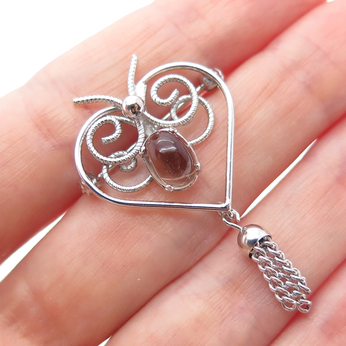 WELLS Sterling Silver Vintage Real Smoky Quartz Butterfly Heart Tassel Brooch
