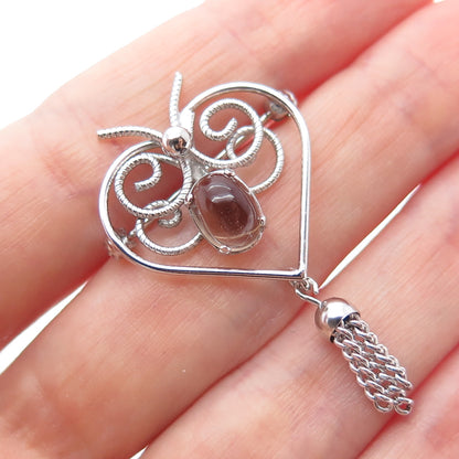 WELLS Sterling Silver Vintage Real Smoky Quartz Butterfly Heart Tassel Brooch
