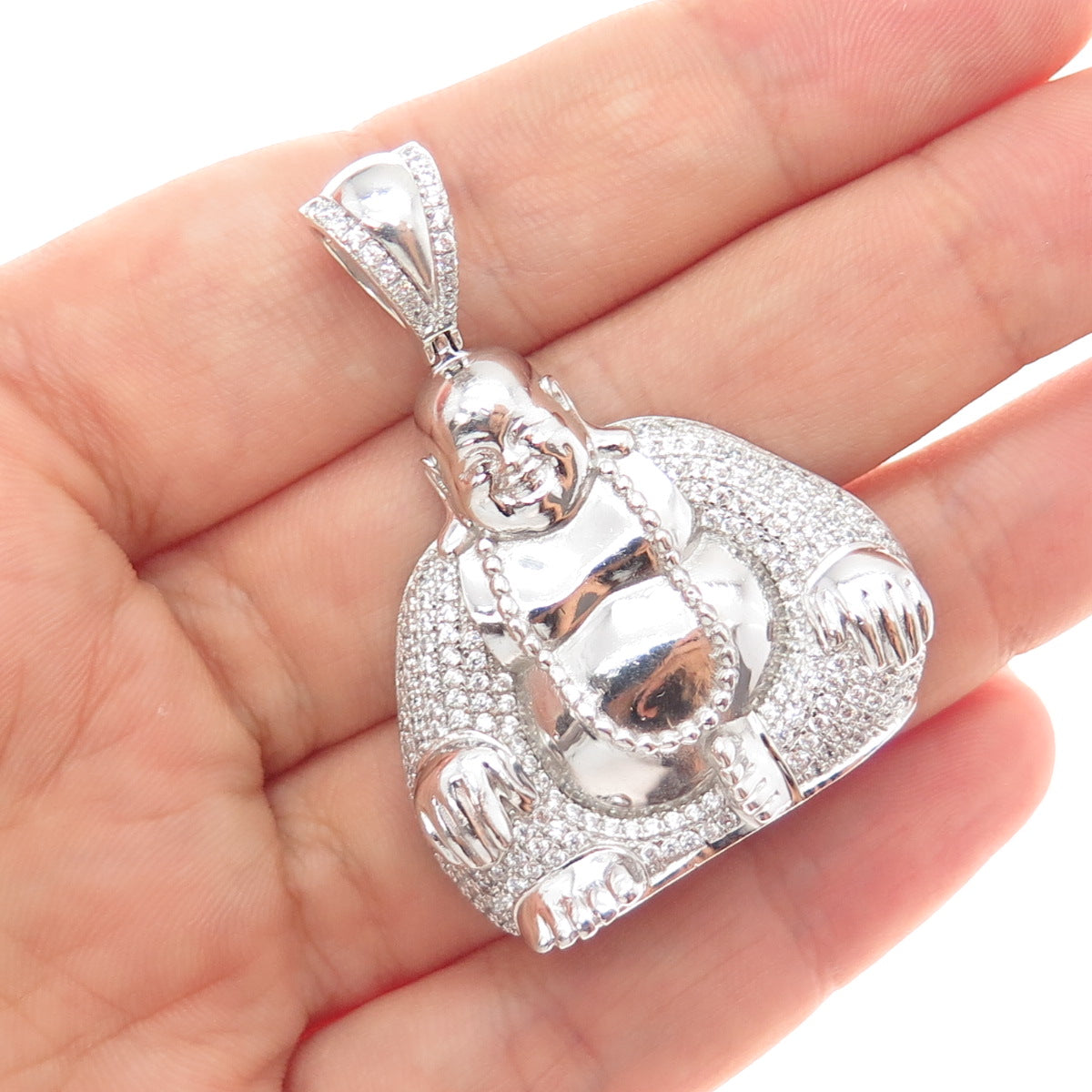 925 Sterling Silver Round-Cut C Z Buddha Charm Pendant