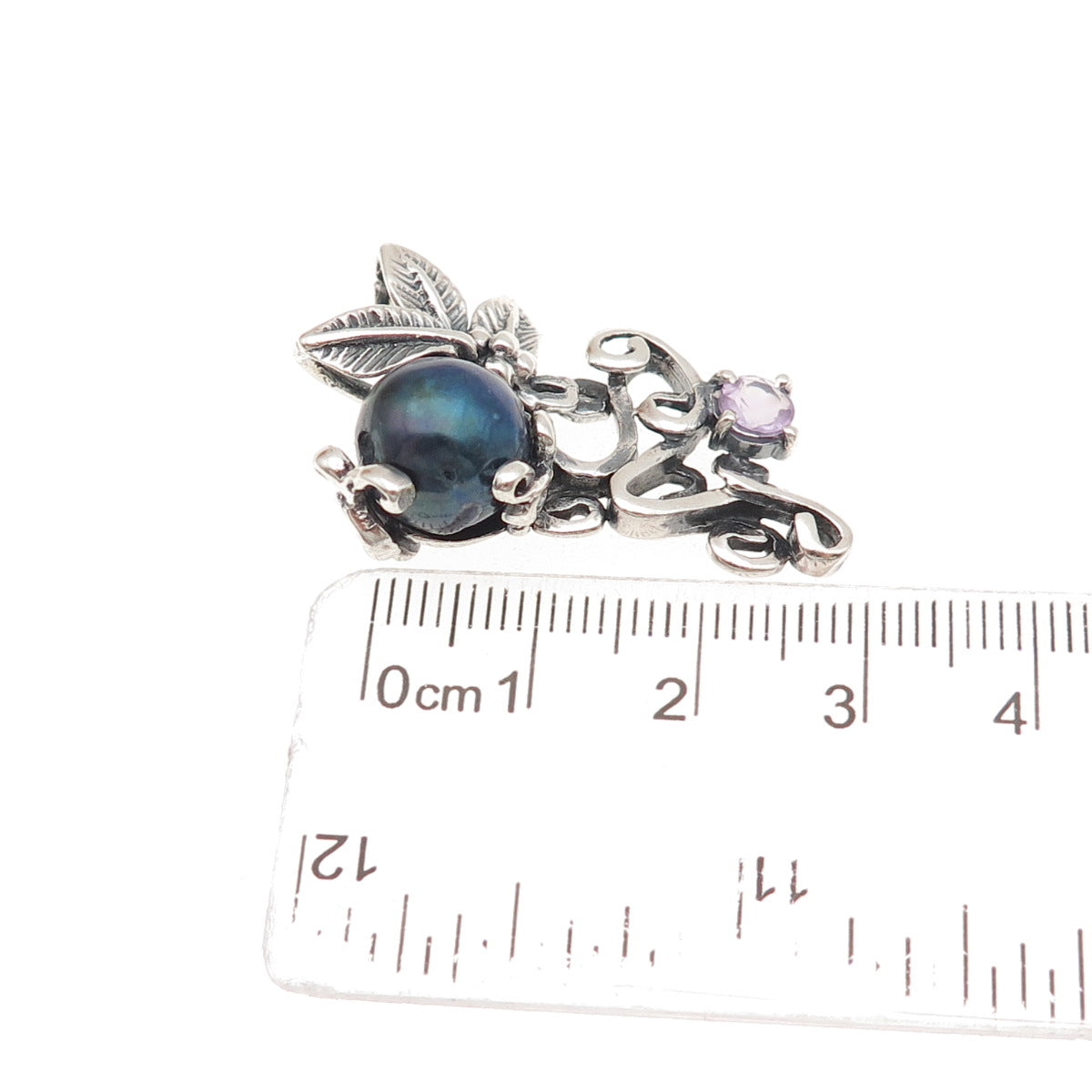 925 Sterling Silver Vintage Real Abalone Shell & Amethyst Floral Slide Pendant