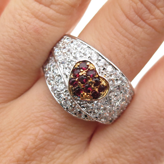 925 Sterling Silver 2-Tone Round-Cut Red & White C Z Heart Ring Size 10.5