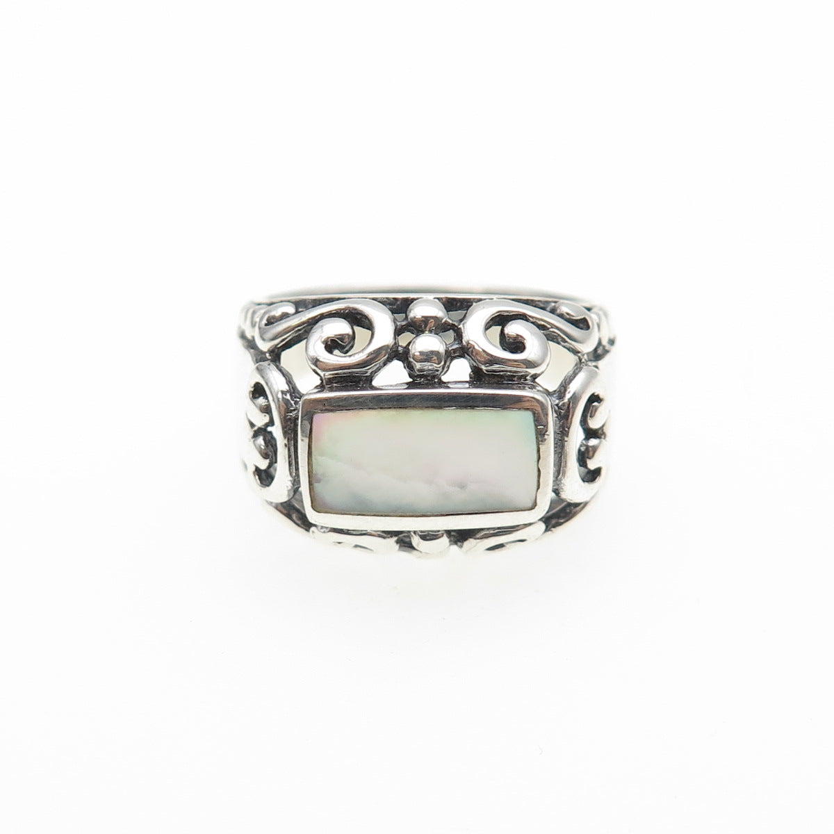925 Sterling Silver Vintage Real MOP Swirl Oxidized Ring Size 6