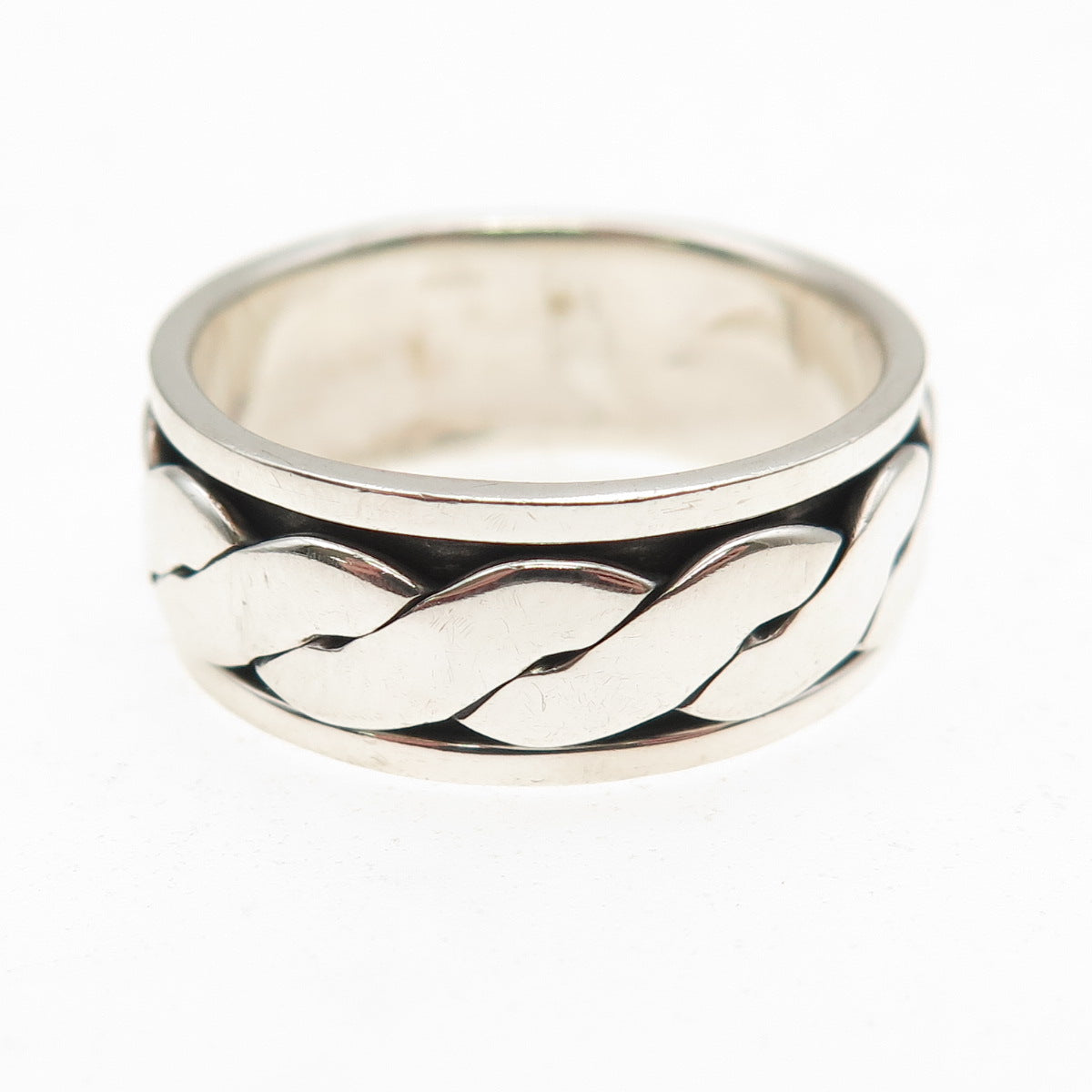 925 Sterling Silver Vintage Woven Oxidized Rotating Band Ring Size 9