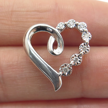 925 Sterling Silver Real Round-Cut Diamond Heart Slide Pendant