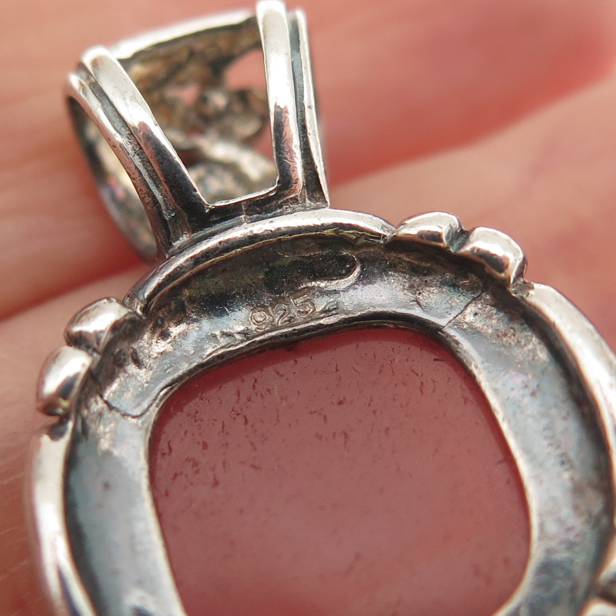 925 Sterling Silver Vintage Real Rose Quartz Swirl Oxidized Charm Pendant
