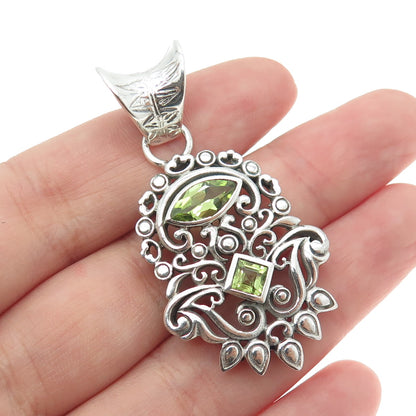 925 Sterling Silver Vintage Real Peridot Gemstone Ornate Pendant