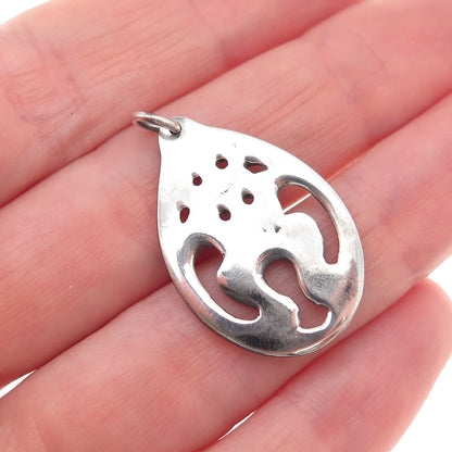 925 Sterling Silver Vintage Modernist Floral Teardrop Oxidized Charm Pendant