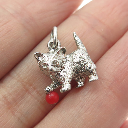 925 Sterling Silver Vintage Real Coral Kitty Cat Minimalist 3D Charm Pendant