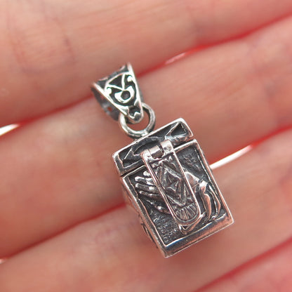 925 Sterling Silver Vintage Praying Hands Religious Box Oxidized Charm Pendant