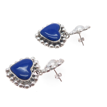 925 Sterling Silver Vintage Real Lapis Lazuli Heart Beaded Dangle Earrings