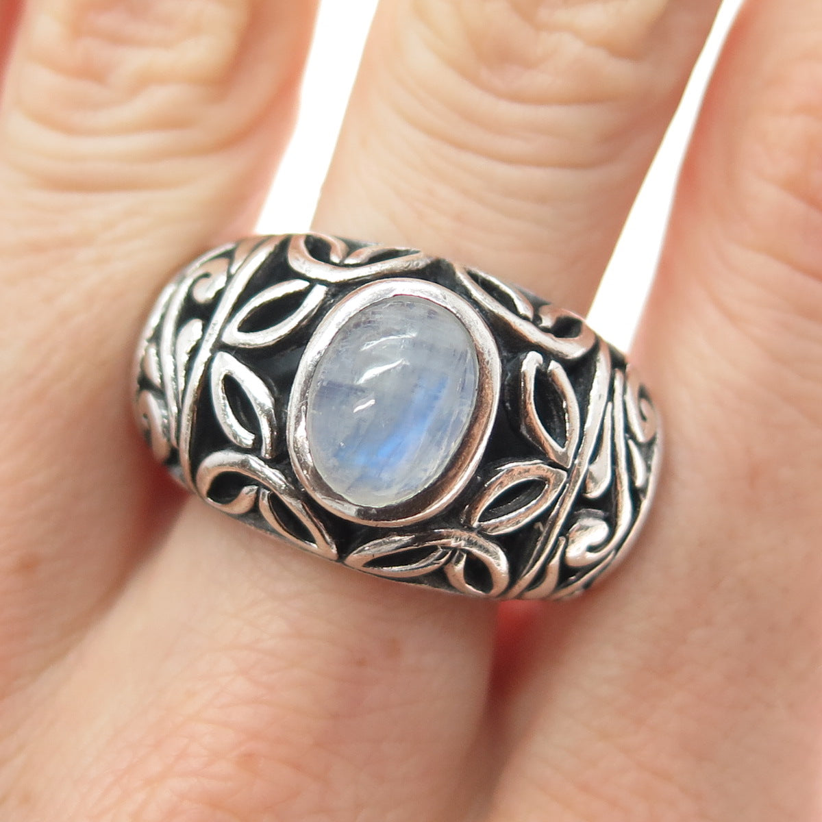 SAMUEL BENHAM BJC Sterling Silver Vintage Real Moonstone Oxidized Ring Size 9.5