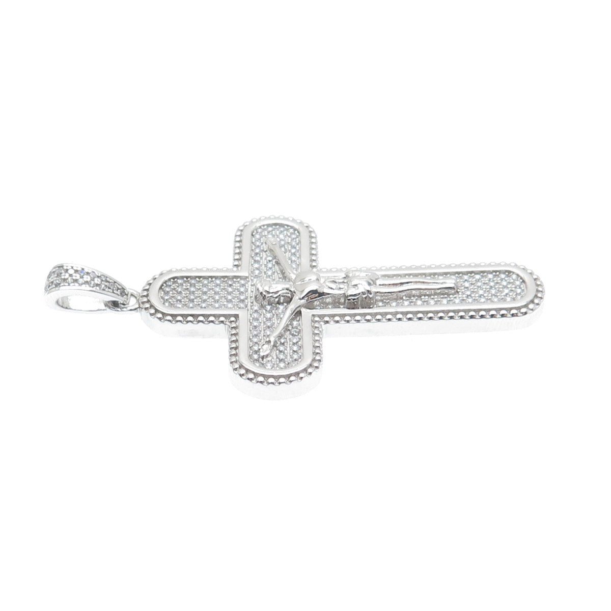 925 Sterling Silver Round-Cut Shaped C Z Crucifix Cross Religious Pendant
