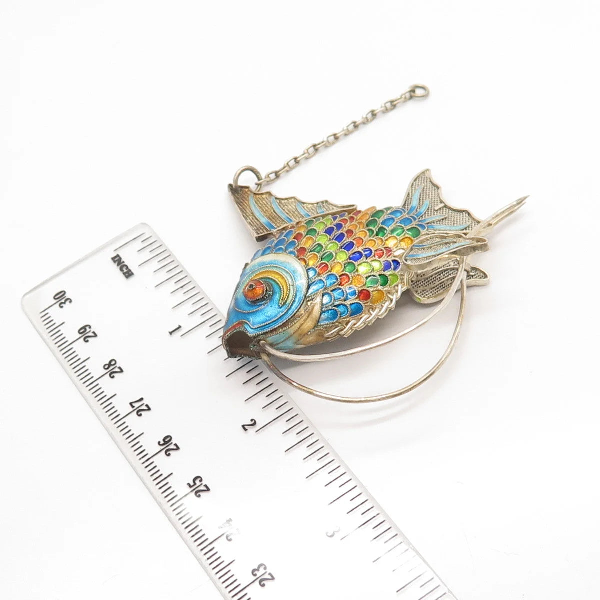 925 Sterling Silver Antique Enamel Chinese Articulated Koi Fish Chatelaine Fob
