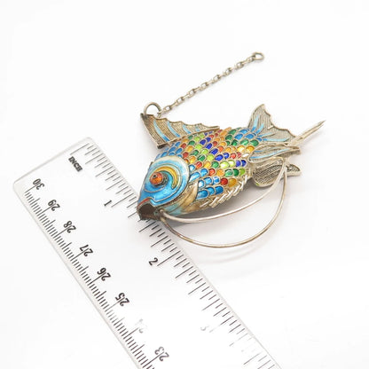 925 Sterling Silver Antique Enamel Chinese Articulated Koi Fish Chatelaine Fob