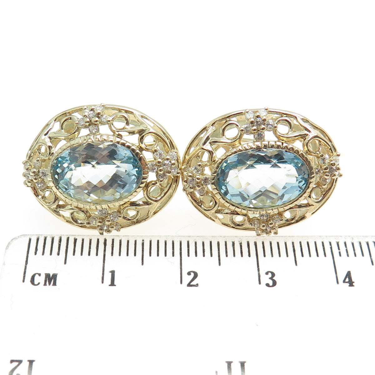 925 Sterling Silver Gold Plated Blue Topaz Gem & C Z Ornate Omega Back Earrings