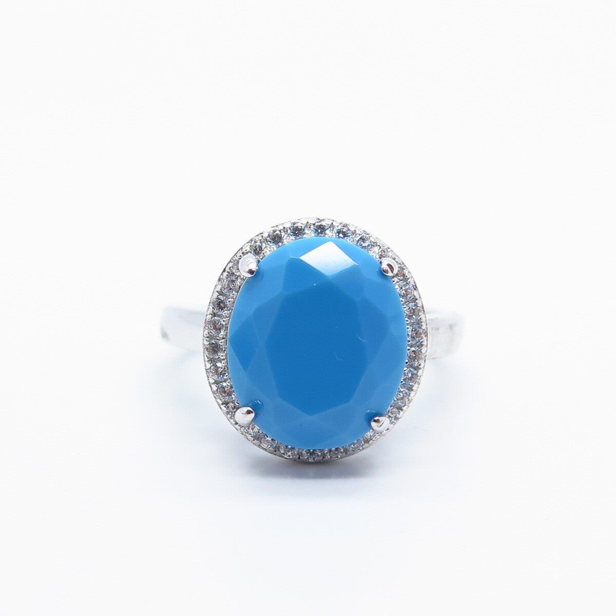 925 Sterling Silver Faux Turquoise & C Z Adjustable Ring Size 5.5