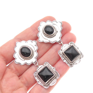 Old Pawn 925 Sterling Silver Vintage Southwestern Black Onyx Dangle Earrings