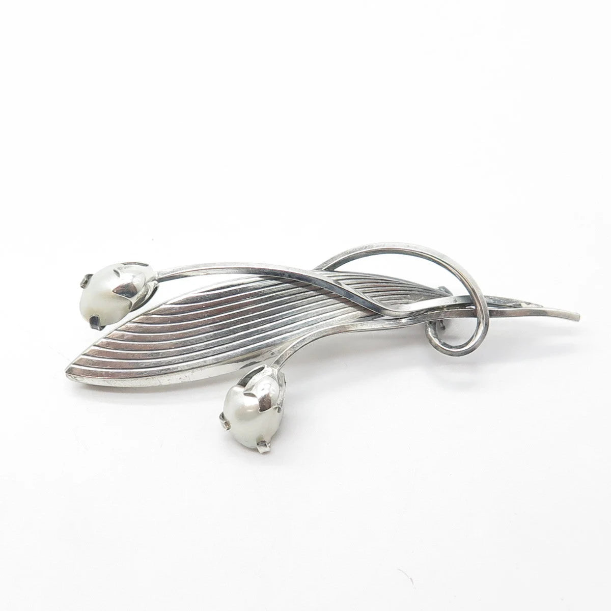 925 Sterling Silver Antique Art Deco Germany Faux Pearl Leaf Floral Pin Brooch