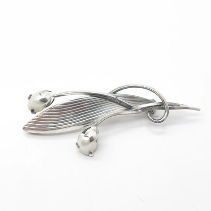 925 Sterling Silver Antique Art Deco Germany Faux Pearl Leaf Floral Pin Brooch