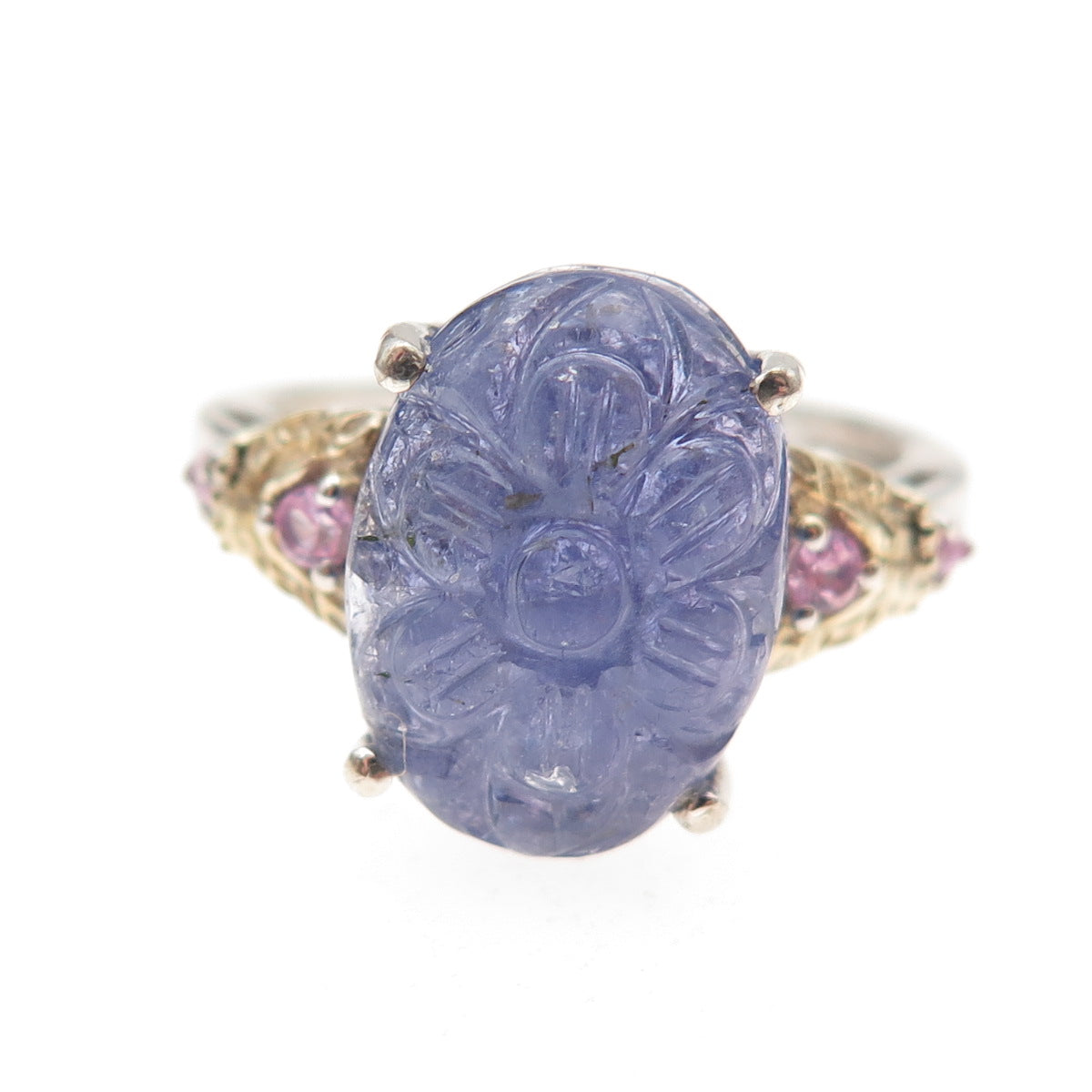 Chuck Clemency 925 Sterling 2-Tone Real Tanzanite & Pink Topaz Ring Size 8.25