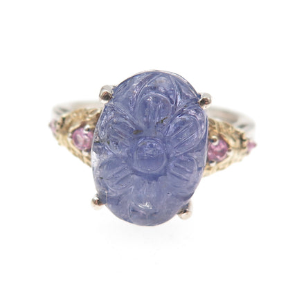 Chuck Clemency 925 Sterling 2-Tone Real Tanzanite & Pink Topaz Ring Size 8.25