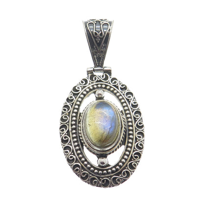 925 Sterling Silver Vintage Real Labradorite Gemstone Boho Ornate Pendant